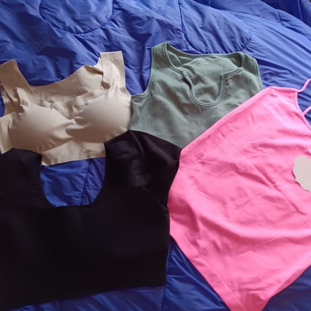 Set of Four Crop Tops,Bra, Tank Top in Black, Creamy Grey, Green, and Pink Small